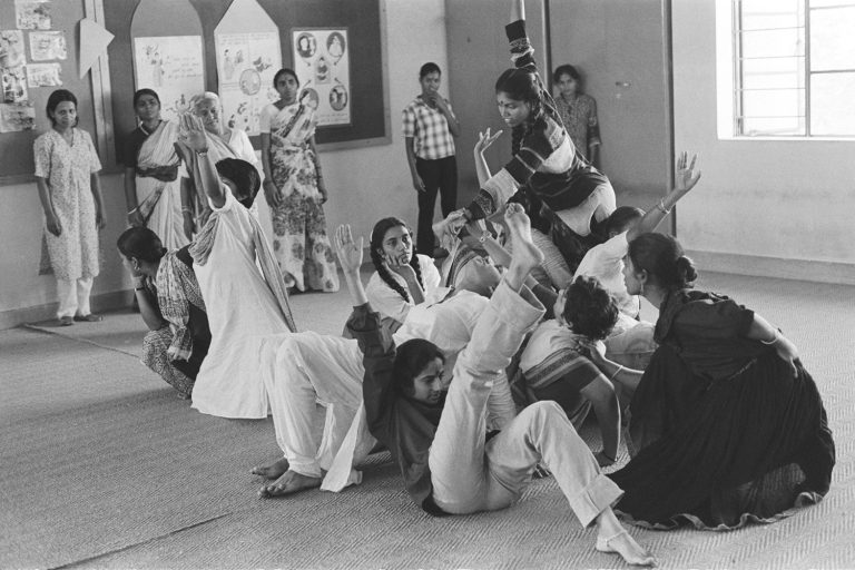 Body exercises as part of Kriti: A Workshop on Creative Expression, photographed by Sheba Chhachhi, New Delhi, 1983.
Courtesy of the artist.